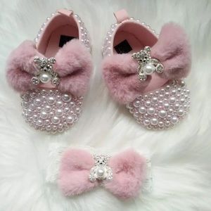 Cute Newborn Baby Girl Rhinestone Pearl Bear Shoes & Headband